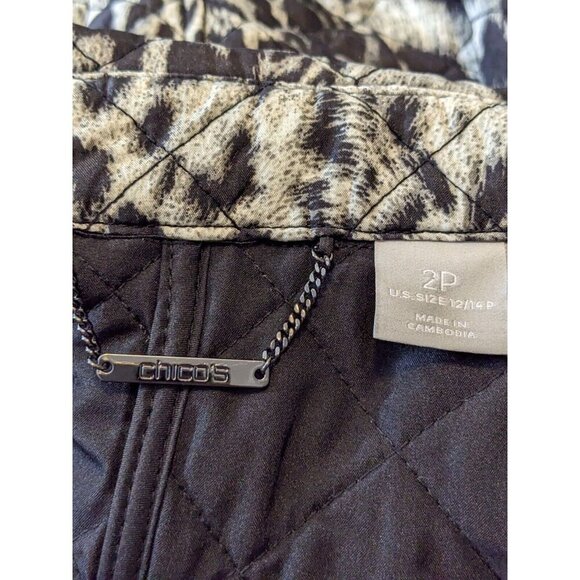 Chicos New Womens Jacket Black Gray Cheetah Quilted Snap Button Coat Size 2P MP - Picture 9 of 11